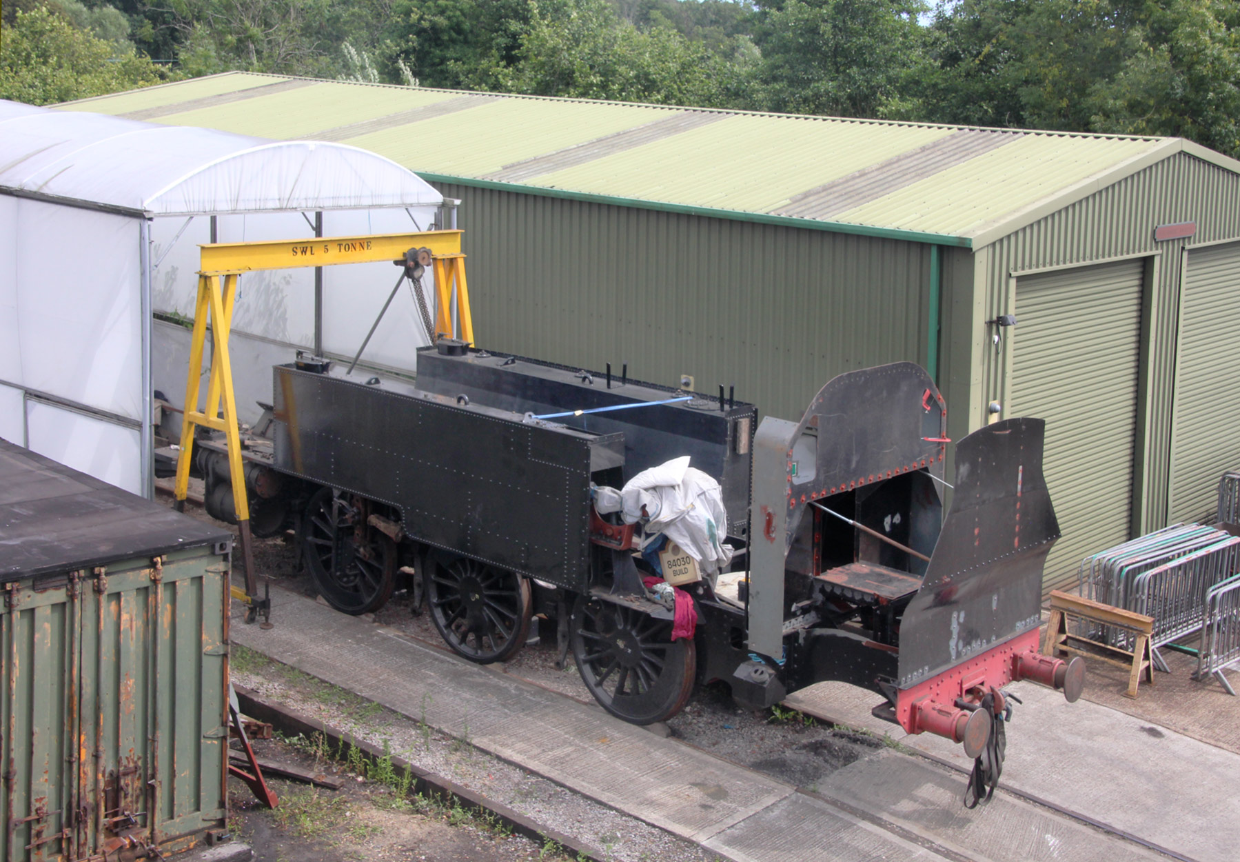 The front and rear parts of the bunker had been attached, and the newly commissioned side tanks arrived and had been fitted in position, July 2023