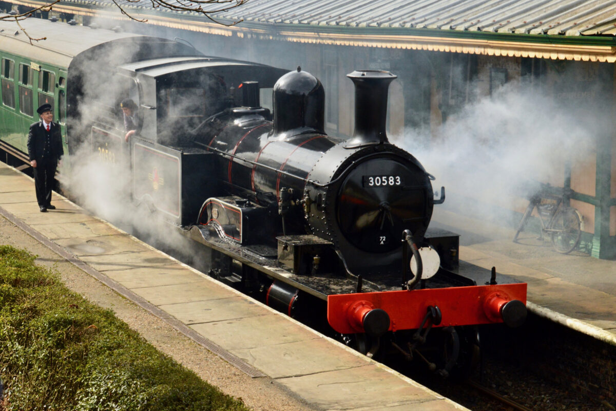 488, freshly repainted into BR Livery, apparently "in steam" at Horsted Keynes during a photo charter on 18 March 2019. (Steve Lee)