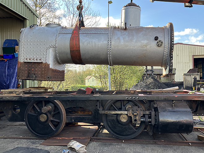 96 'Normandy' has been wheeled out of Atlantic House, and its boiler lifted (Melvin Frohnsdorff, 10 April 2025)