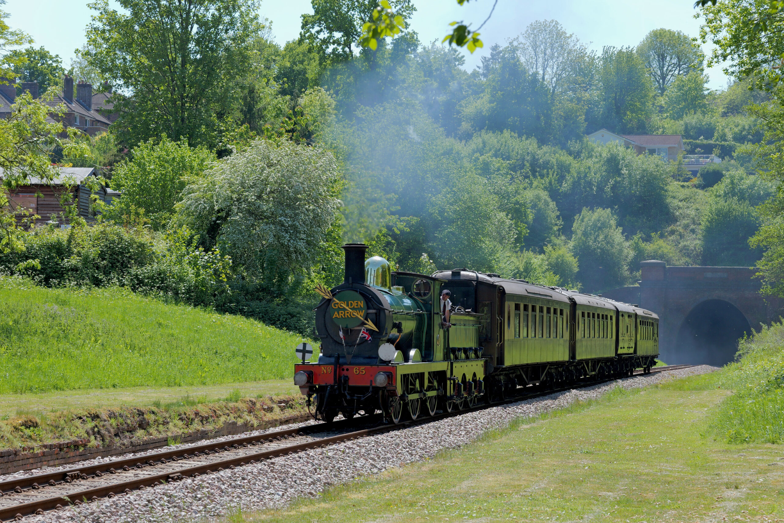 65 with the Golden Arrow Pullman train at West Hoathly (Brian Lacey, 11 May 2025)