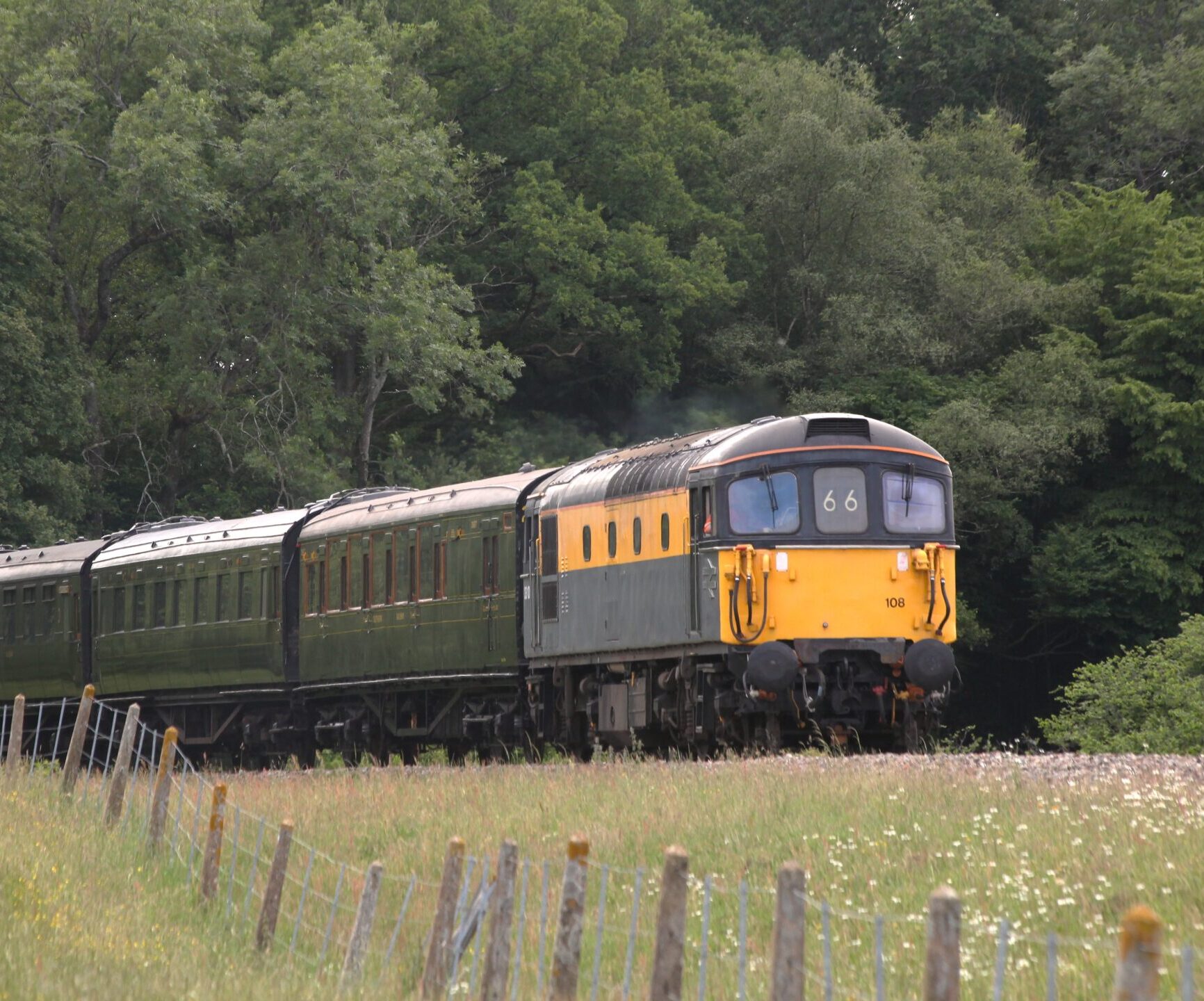 33108 approaches Horsted Keyens on a training run for the Railway200 education-phase services it will haul (Julian Clark, 3 June 2025)