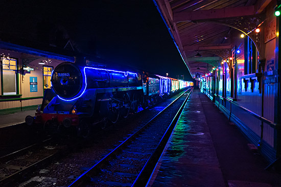 'Camelot' arrives at Horsted Keynes with the 5pm Steam Lights service from Sheffield Park on 5 December 2025 - Nick Gilliam